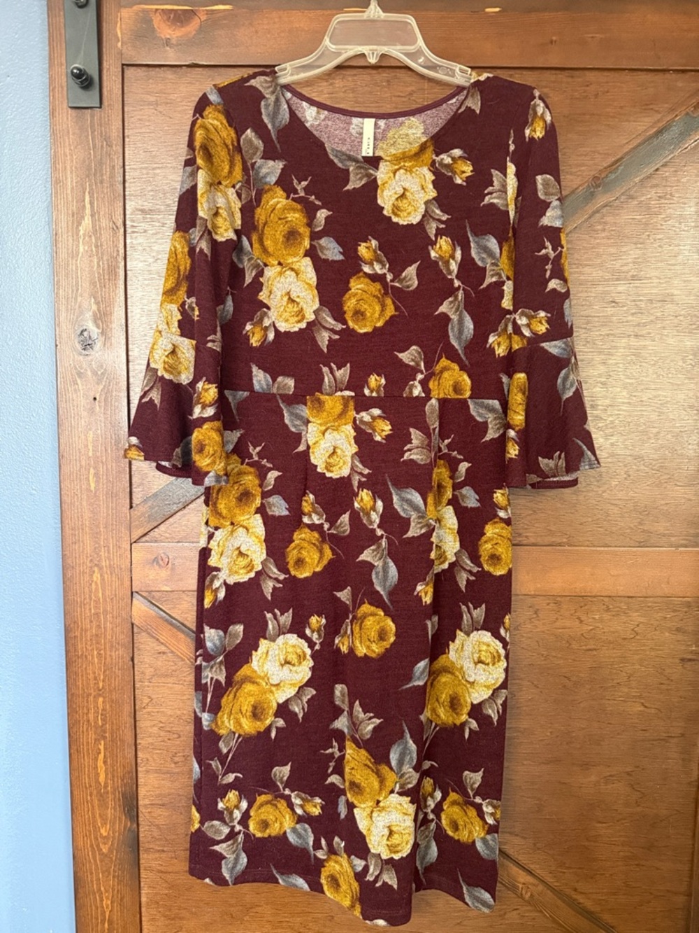 Floral Fit & Flare Dress in Burgundy with Mustard Roses